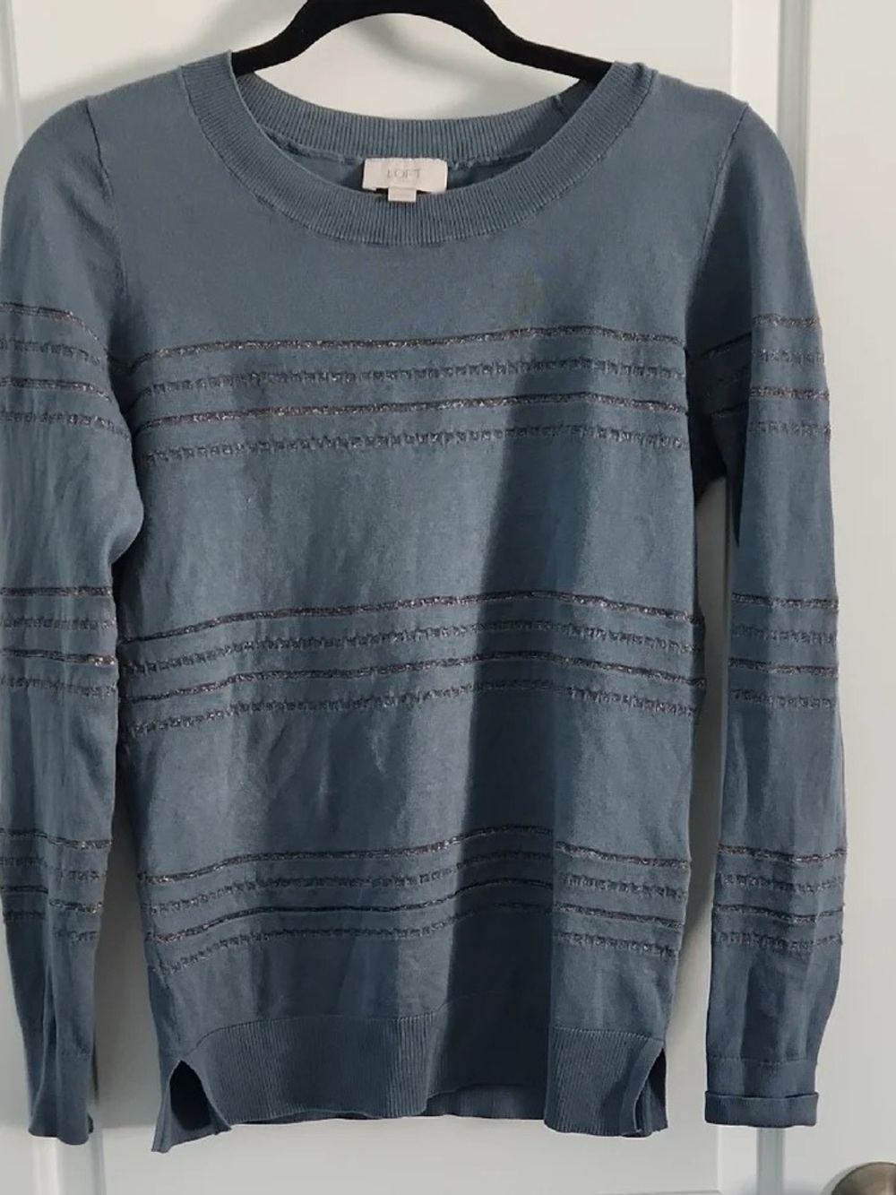LOFT Blue Crewneck Sweater with Subtle Horizontal Texture